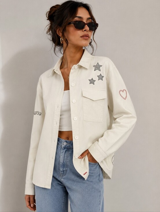 Peace Love World Jackets & Blazers - Peace Love World White Studded Star Utility Jacket Shacket Cotton Oversized Y2K